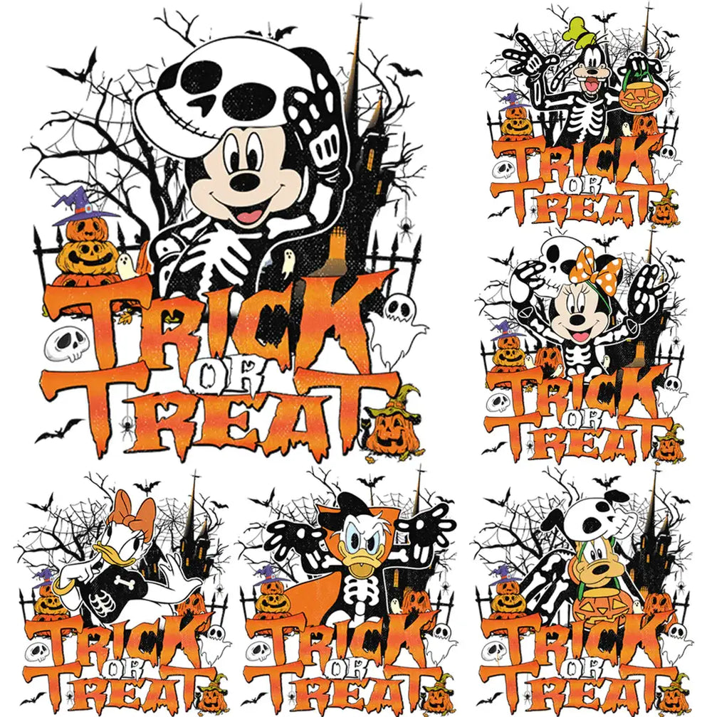 Halloween Disney characters in skeleton costumes with 'Trick or Treat' text, pumpkins, ghosts, bats, and haunted castle backgrounds.