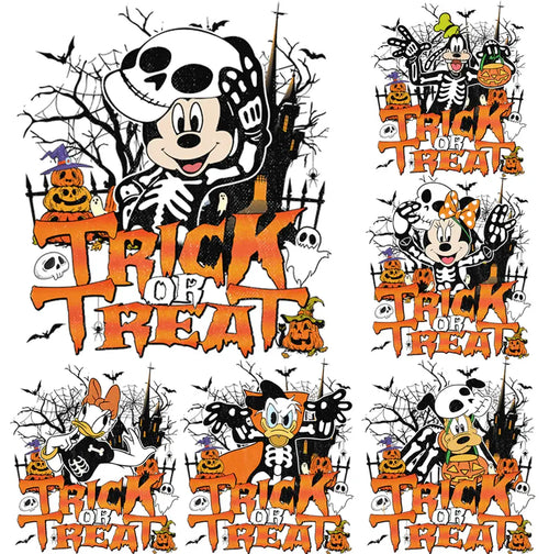 Halloween Disney characters in skeleton costumes with 'Trick or Treat' text, pumpkins, ghosts, bats, and haunted castle backgrounds.