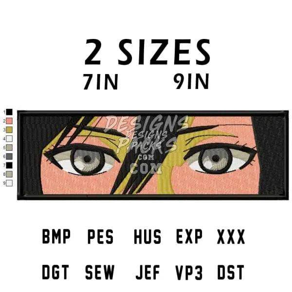Anime-style eye embroidery design in 7in and 9in sizes, available in PES, DST, EXP formats for machine embroidery.