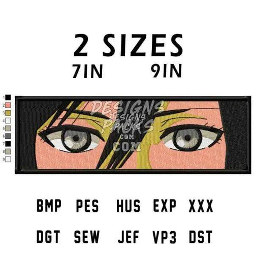 Anime-style eye embroidery design in 7in and 9in sizes, available in PES, DST, EXP formats for machine embroidery.