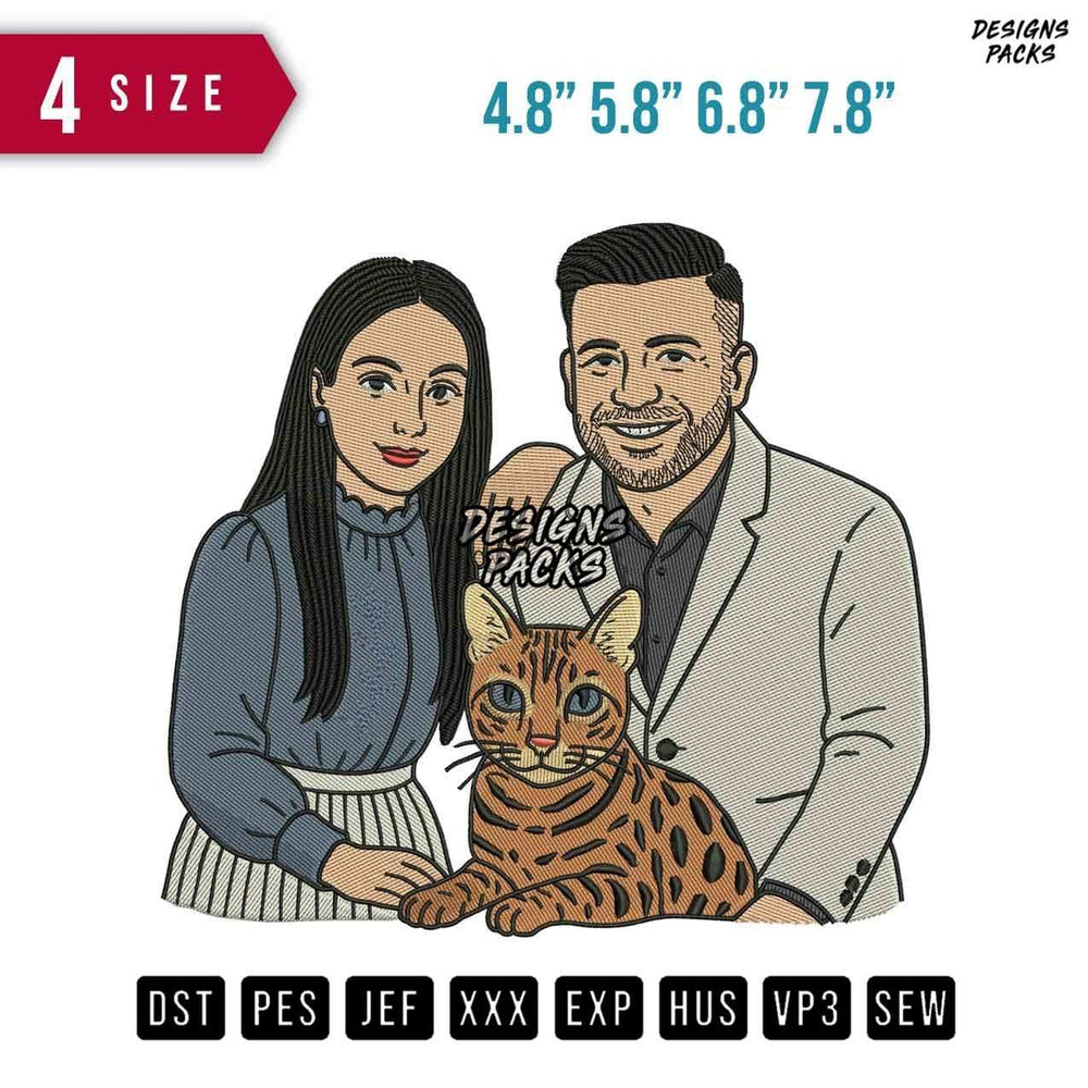 Mom Dad and Cat Embroidery Design