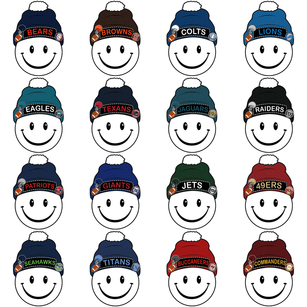 Smiling faces wearing NFL team beanies for DTF/DTG designs