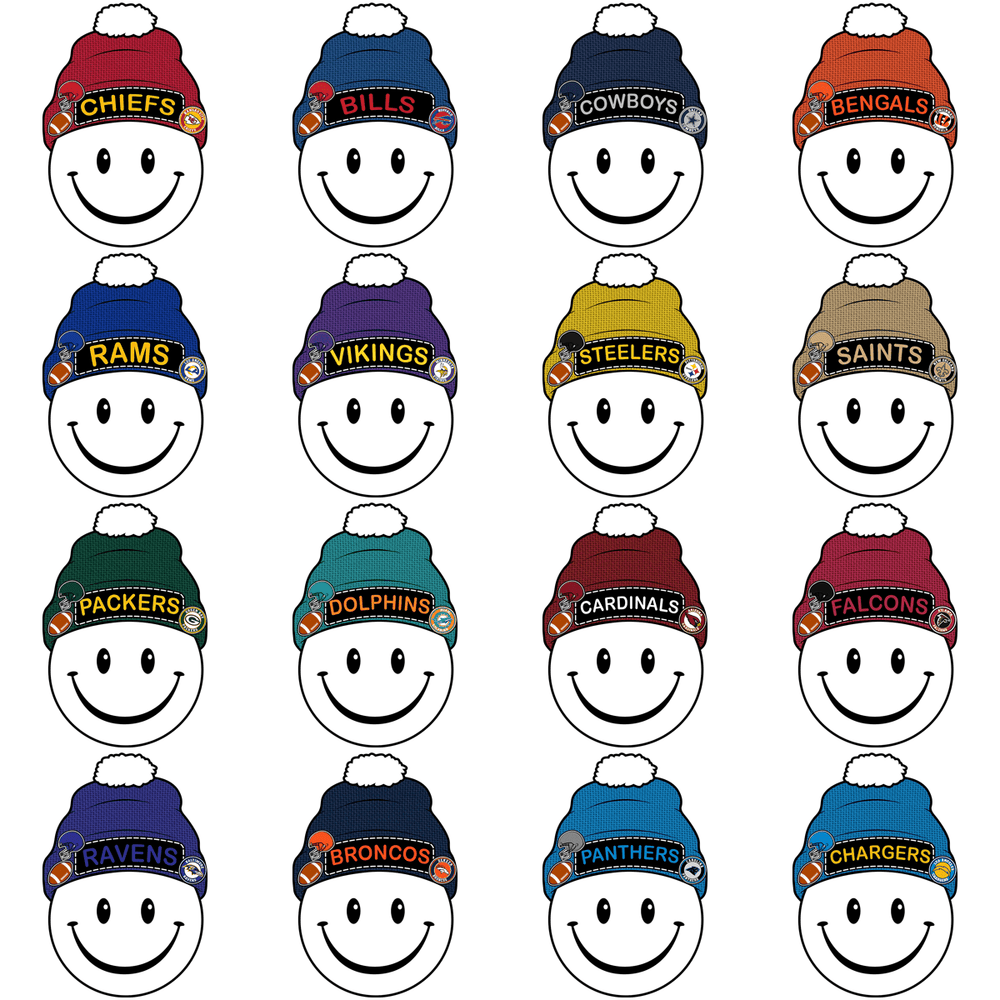 NFL team beanie smiley faces for DTF, DTG, embroidery designs