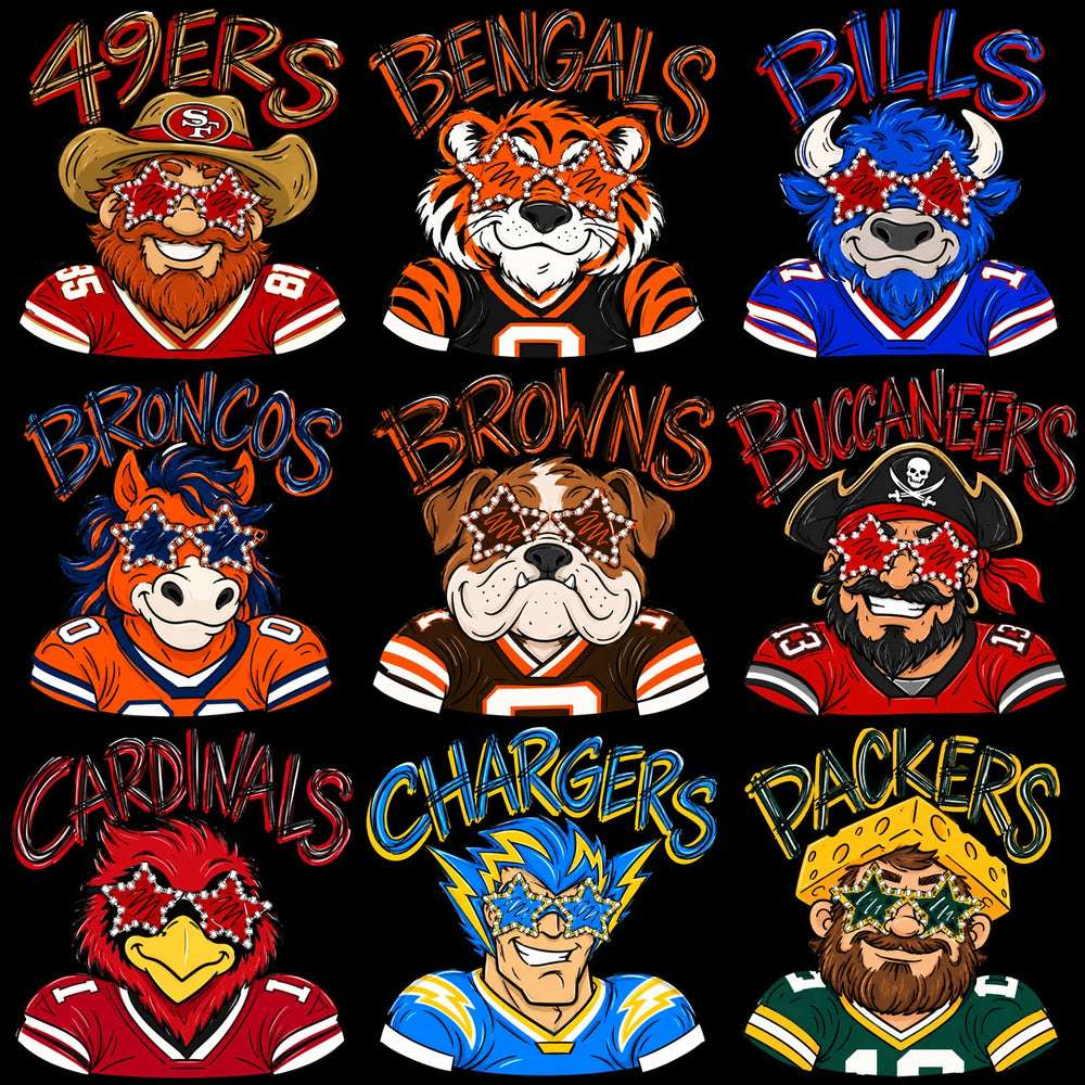 32 Mascots Stars Sunglasses Football Teams Designs Bundle PNG