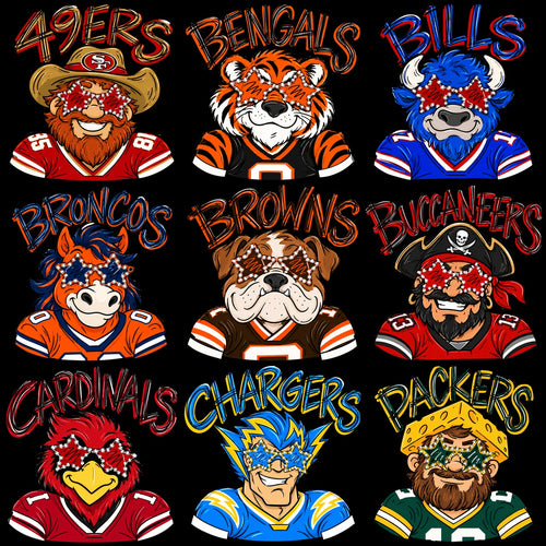 32 Mascots Stars Sunglasses Football Teams Designs Bundle PNG
