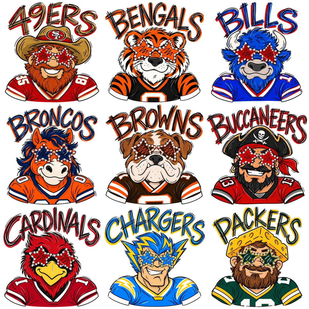 32 Mascots Stars Sunglasses Football Teams Designs Bundle PNG