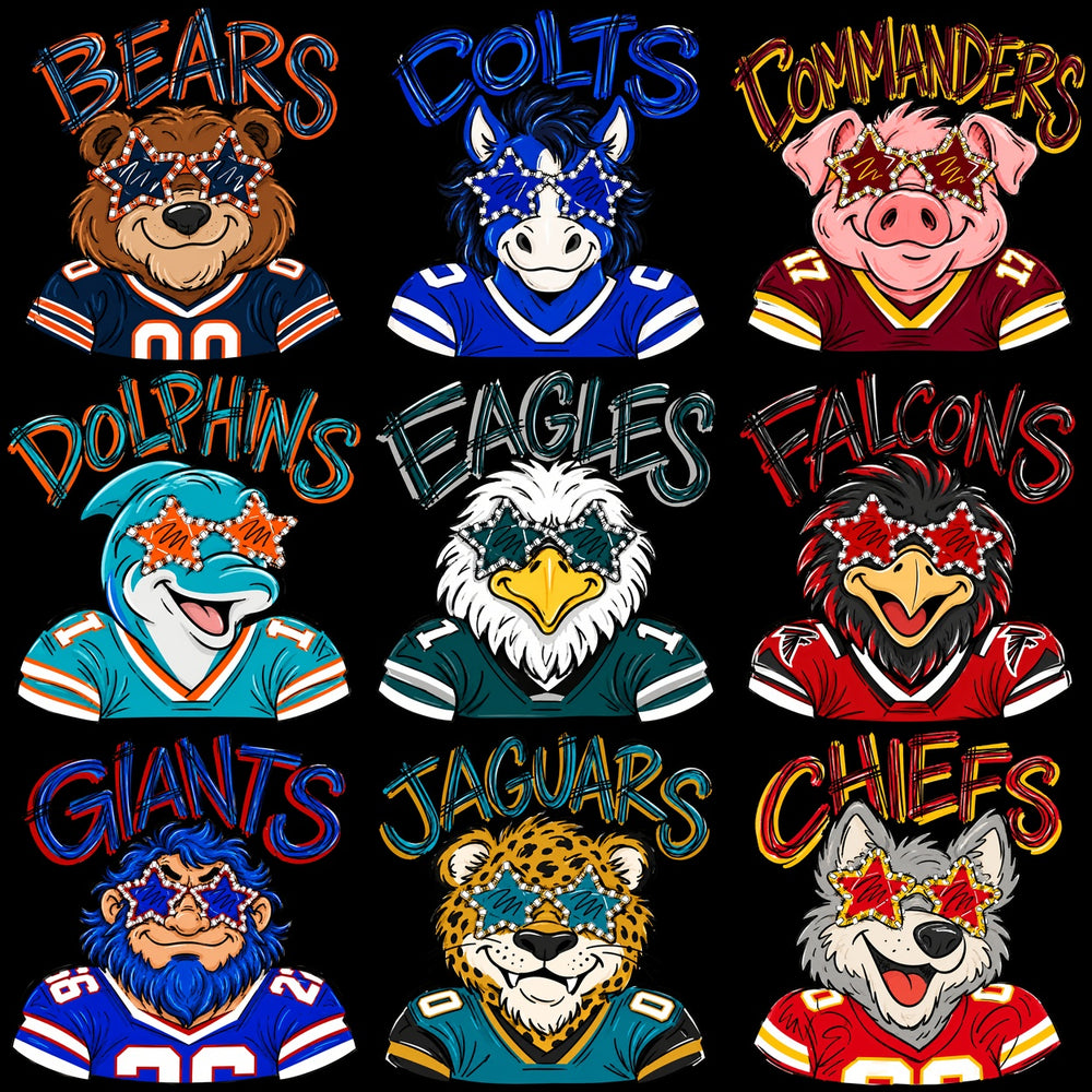 32 Mascots Stars Sunglasses Football Teams Designs Bundle PNG