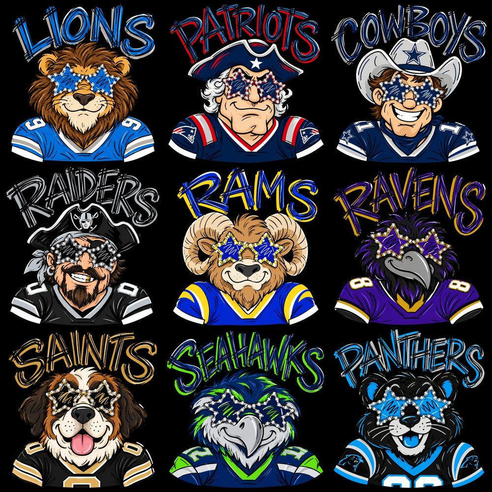 32 Mascots Stars Sunglasses Football Teams Designs Bundle PNG