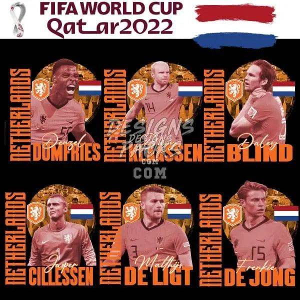 Netherlands FIFA World Cup Qatar 2022 soccer players in orange jerseys with team names and flags