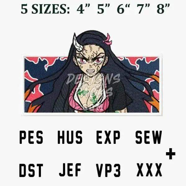 Demon Slayer Nezuko embroidery design in 5 sizes, PES HUS EXP SEW DST JEF VP3 XXX formats, print-ready
