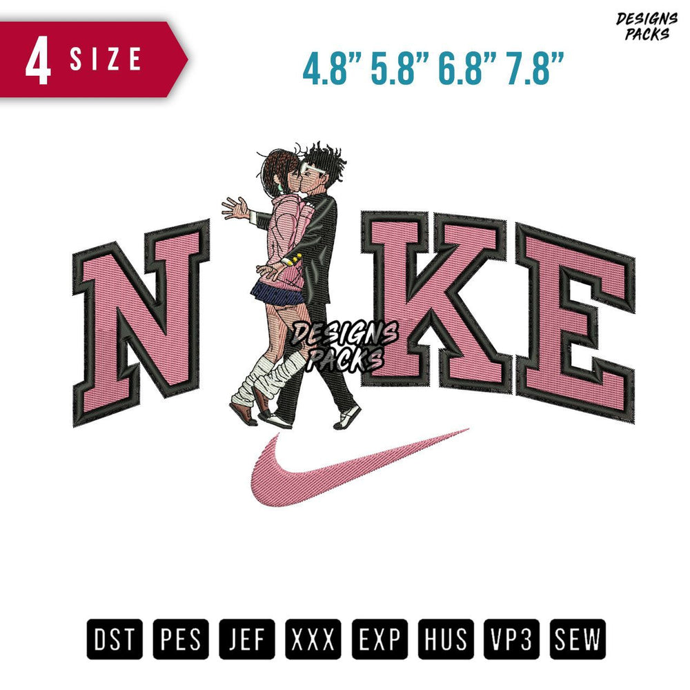 Swoosh Brand Couple Kiss Embroidery Design