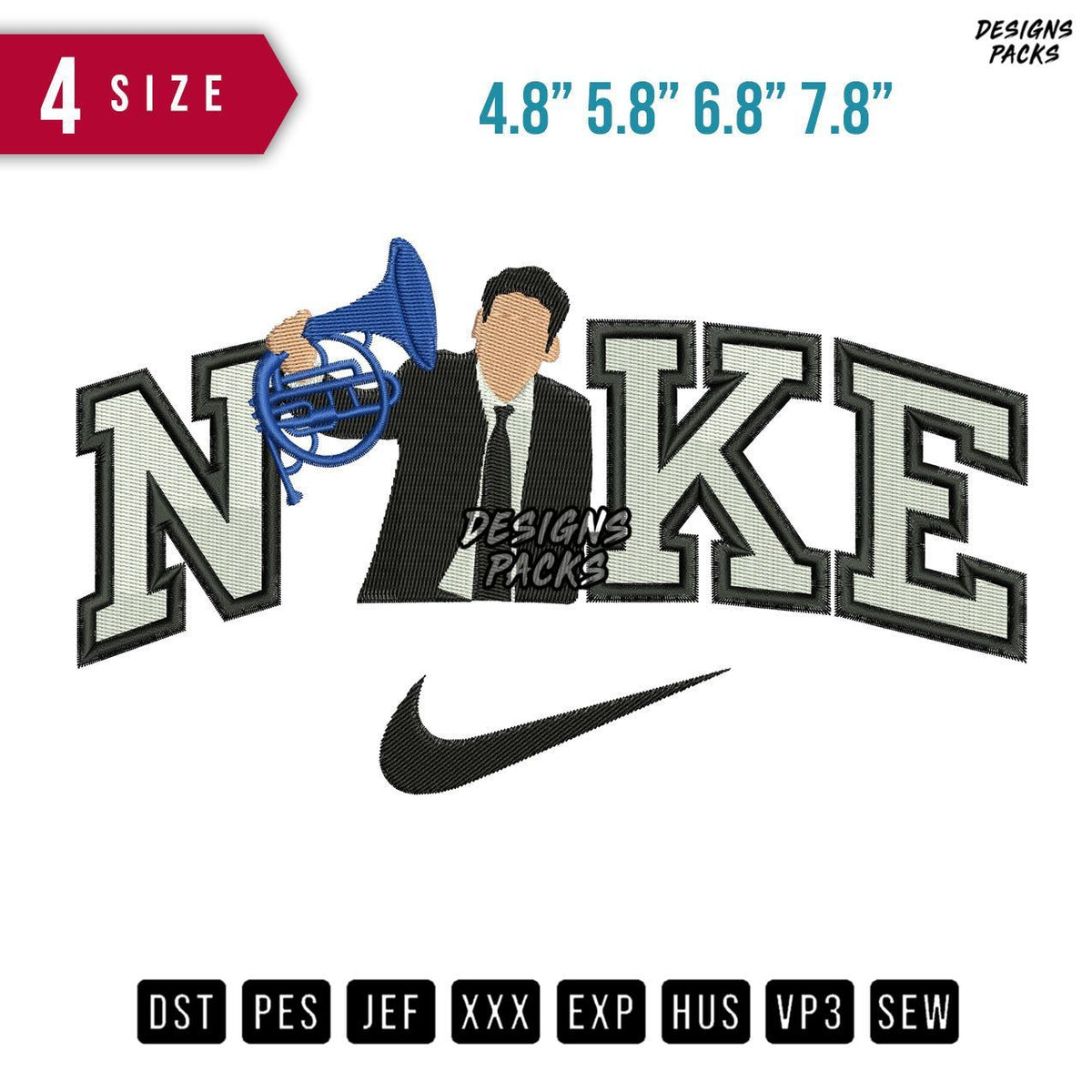 Swoosh Brand Man Trumpet Embroidery Design