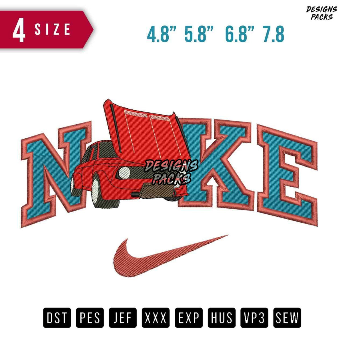 Swoosh Brand Red Car Open Embroidery Design