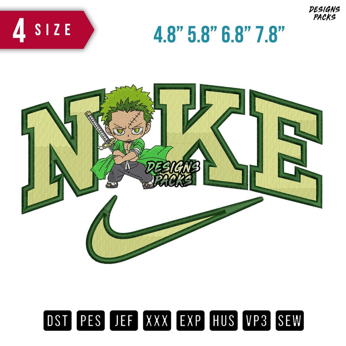 Swoosh Brand Zoro Chibi Stand Embroidery Design