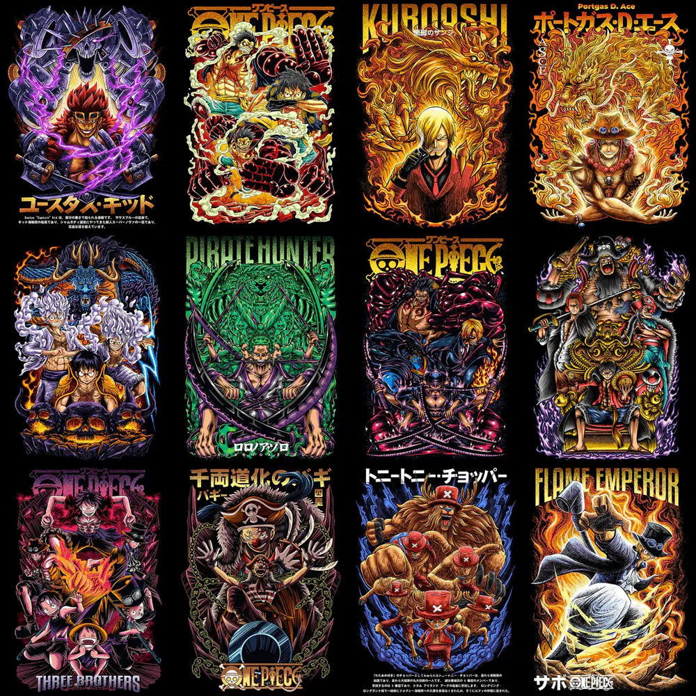 One Piece anime t-shirt designs with Luffy, Ace, Sabo, and crew in vibrant, fiery art styles for DTG/DTF printing
