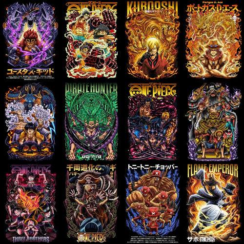 One Piece anime t-shirt designs with Luffy, Ace, Sabo, and crew in vibrant, fiery art styles for DTG/DTF printing