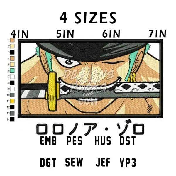 Zoro embroidery design in 4 sizes, PES, DST, HUS formats for machine embroidery projects