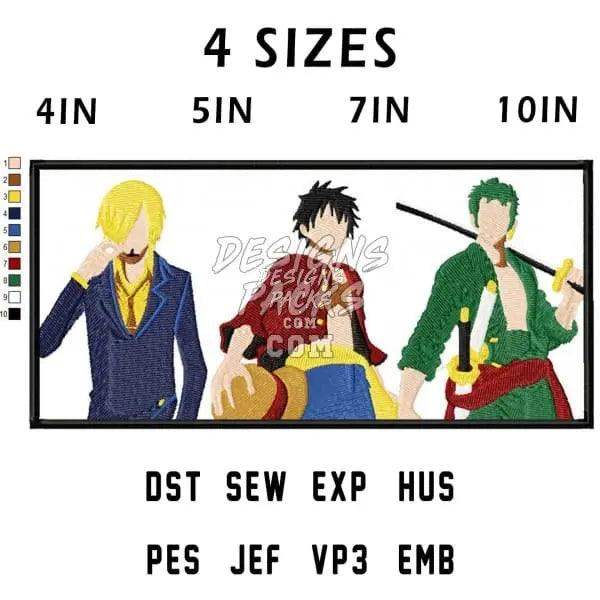 Embroidery design featuring three anime characters in 4 sizes, compatible with DST, PES, and other formats.