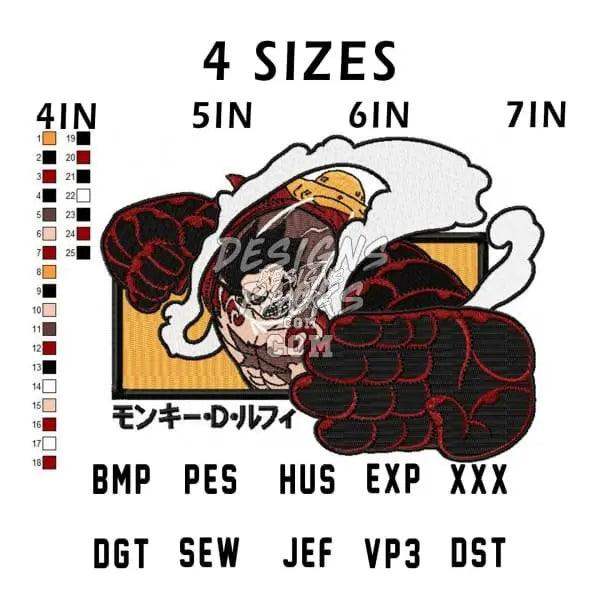 Monkey D. Luffy embroidery design in 4 sizes, 18 thread colors, PES/BMP/SVG formats for instant download