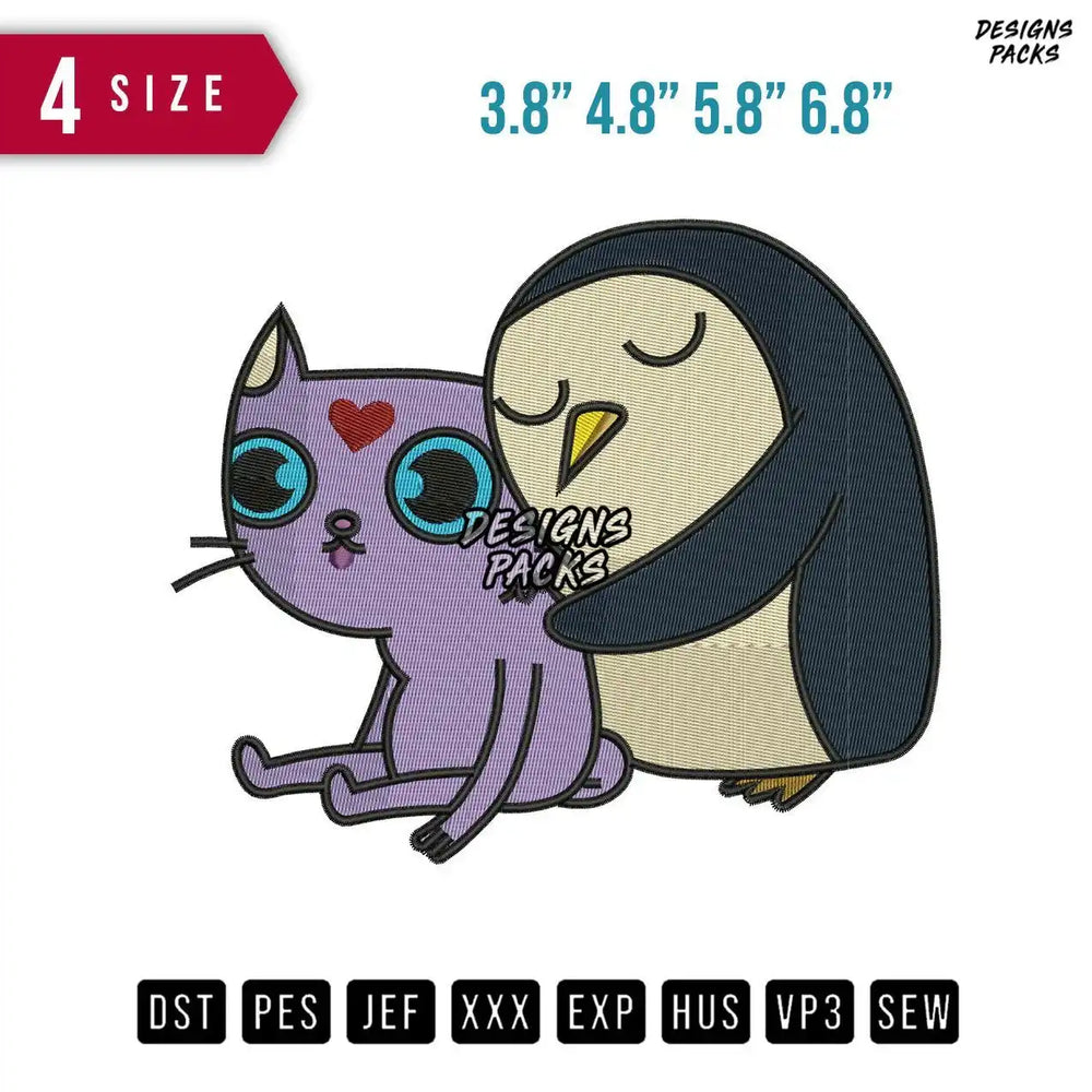 Pinguin And Cat Embroidery Design