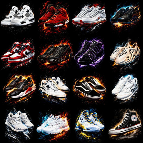 Sneaker designs with fiery effects, ideal for DTF/DTG and embroidery projects.