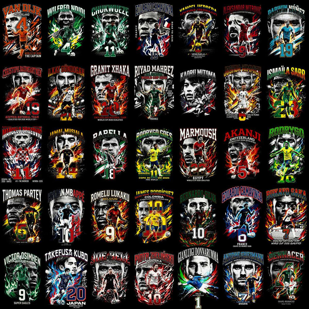Soccer player t-shirt designs with fiery graphics, player names, numbers, and national teams for DTF/DTG printing
