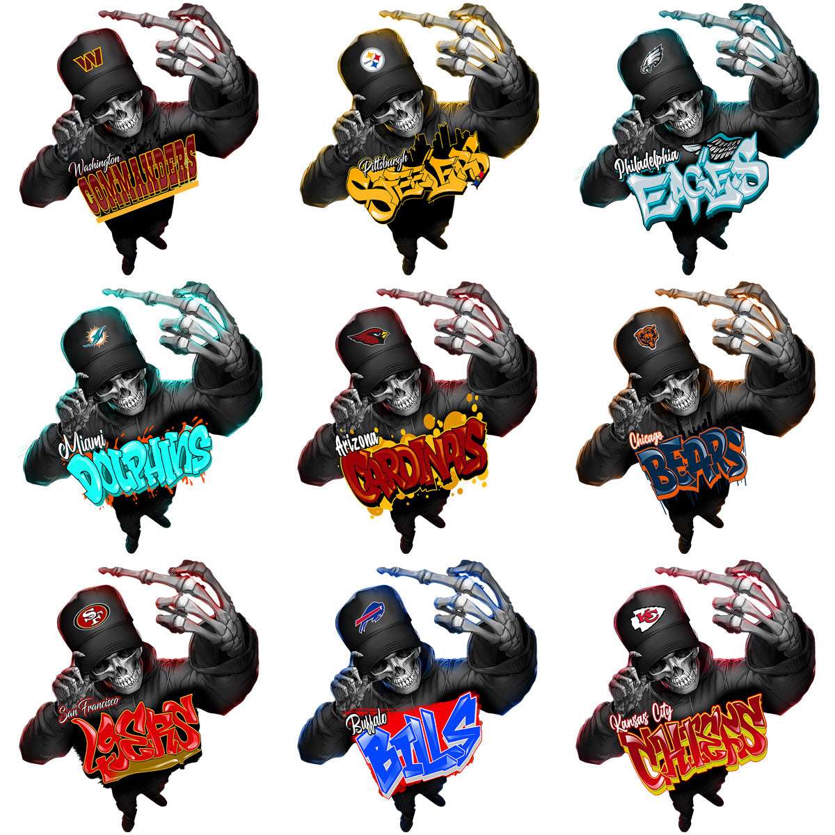 32 Funny Football Teams Graffiti Thug Skull Finger Designs Bundle PNG