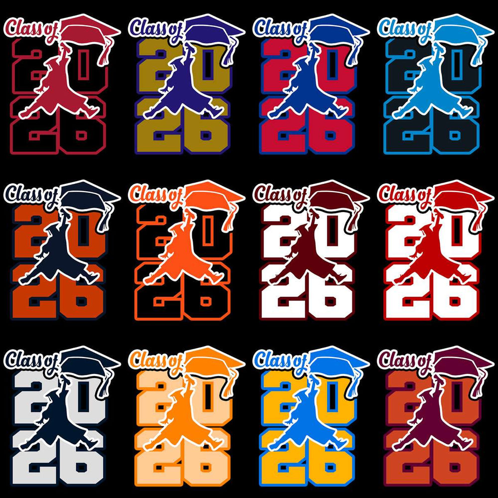 Class of 2026 graduation designs in multiple colors for DTF, DTG, embroidery, and tumbler wraps