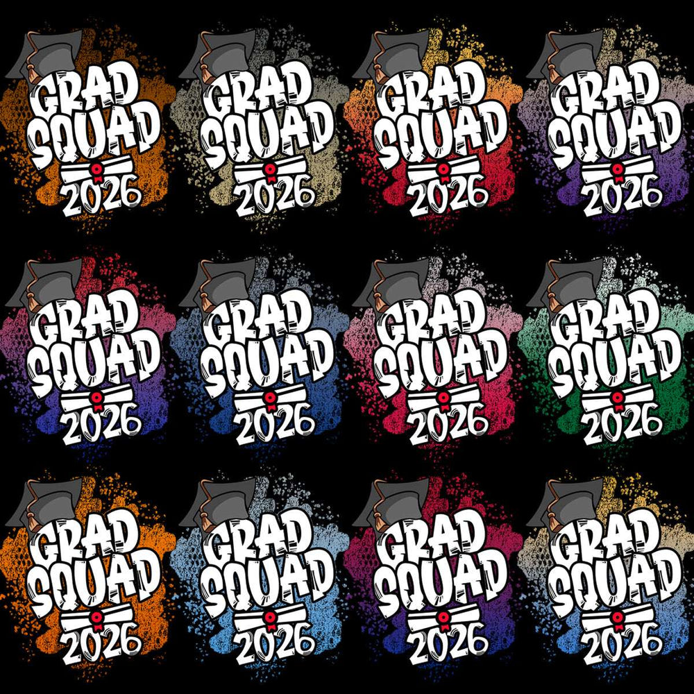Grad Squad 2026 designs with colorful splashes and graduation caps for t-shirts or prints.