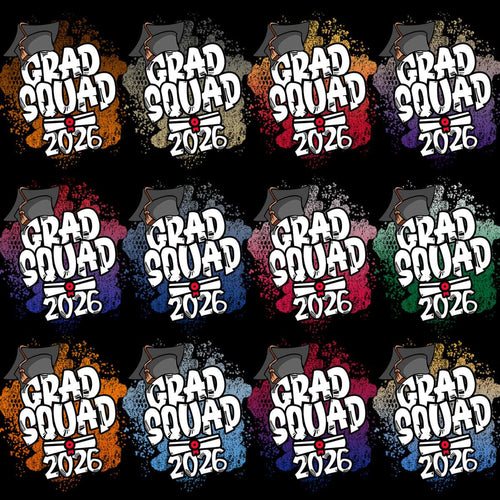 Grad Squad 2026 designs with colorful splashes and graduation caps for t-shirts or prints.