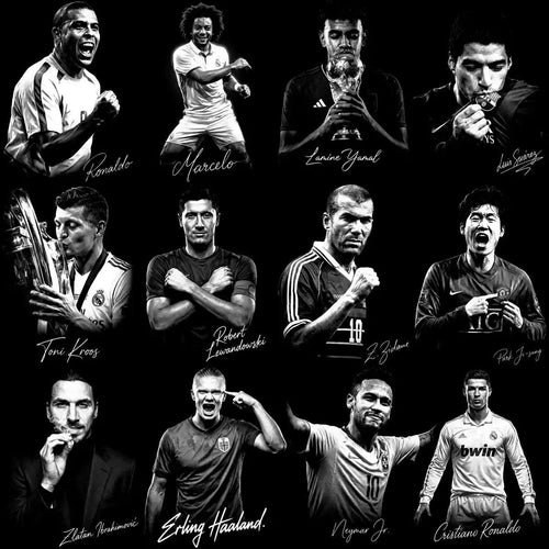 Black and white soccer player collage with signatures, ideal for DTF/DTG print designs