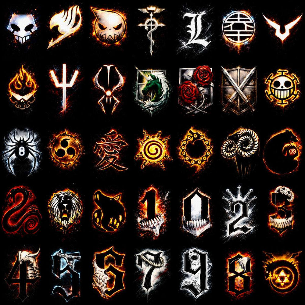 Edgy tattoo designs with skulls, flames, and symbols for DTF/DTG and embroidery projects