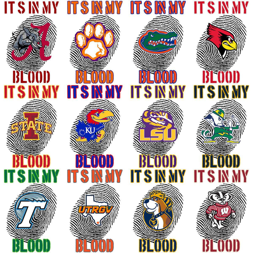 College team logos in fingerprint designs with 'It's in my blood' text for apparel printing