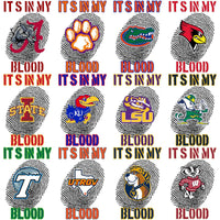Load image into Gallery viewer, College team logos in fingerprint designs with 'It's in my blood' text for apparel printing
