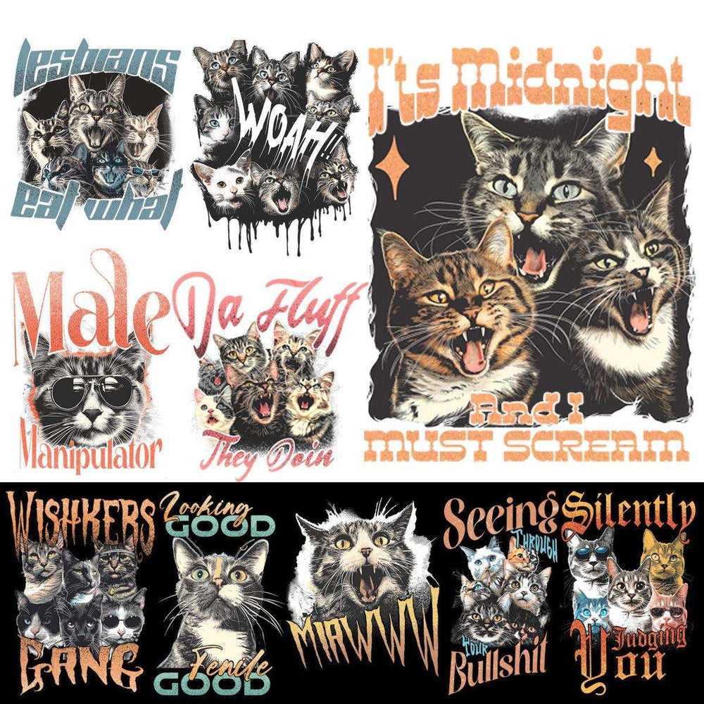 9 Bootleg Funny Cat 90s Designs Bundle PNG