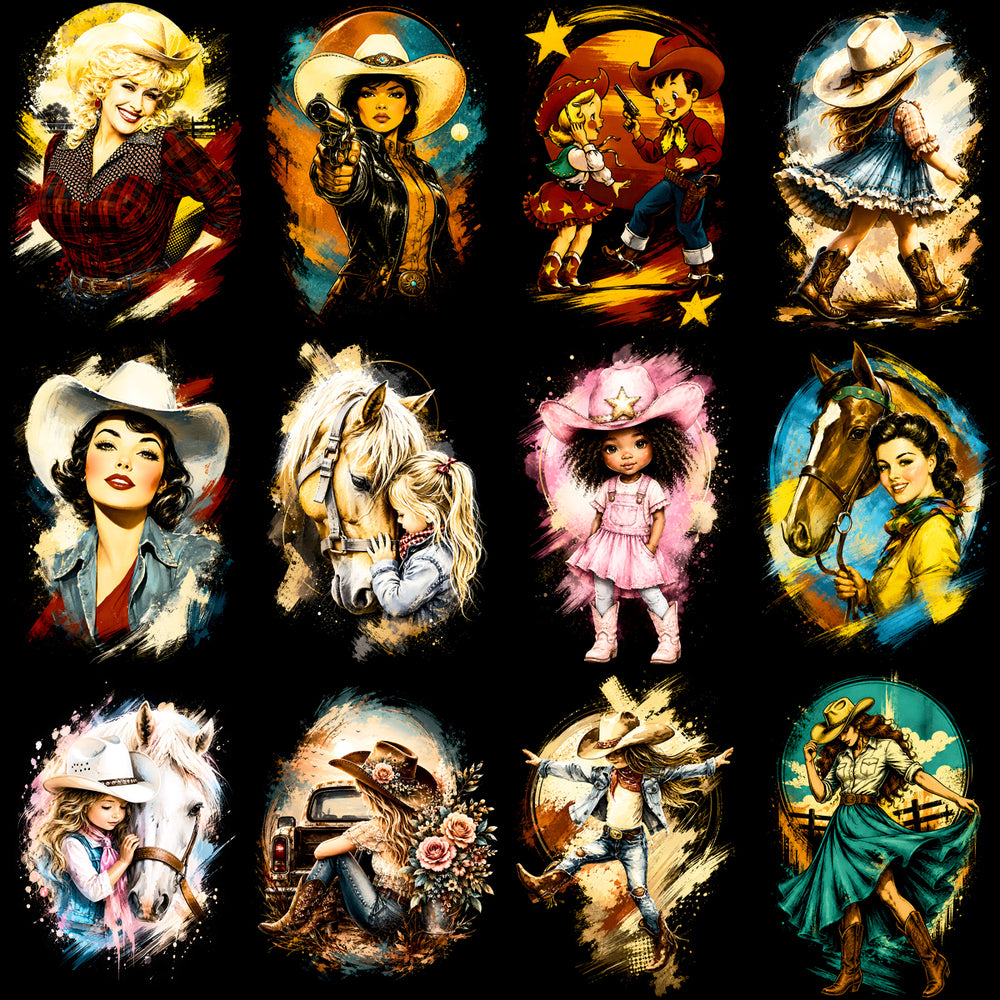 66 Cowgirl Rodeo Western Coastal Halftone Designs Bundle PNG