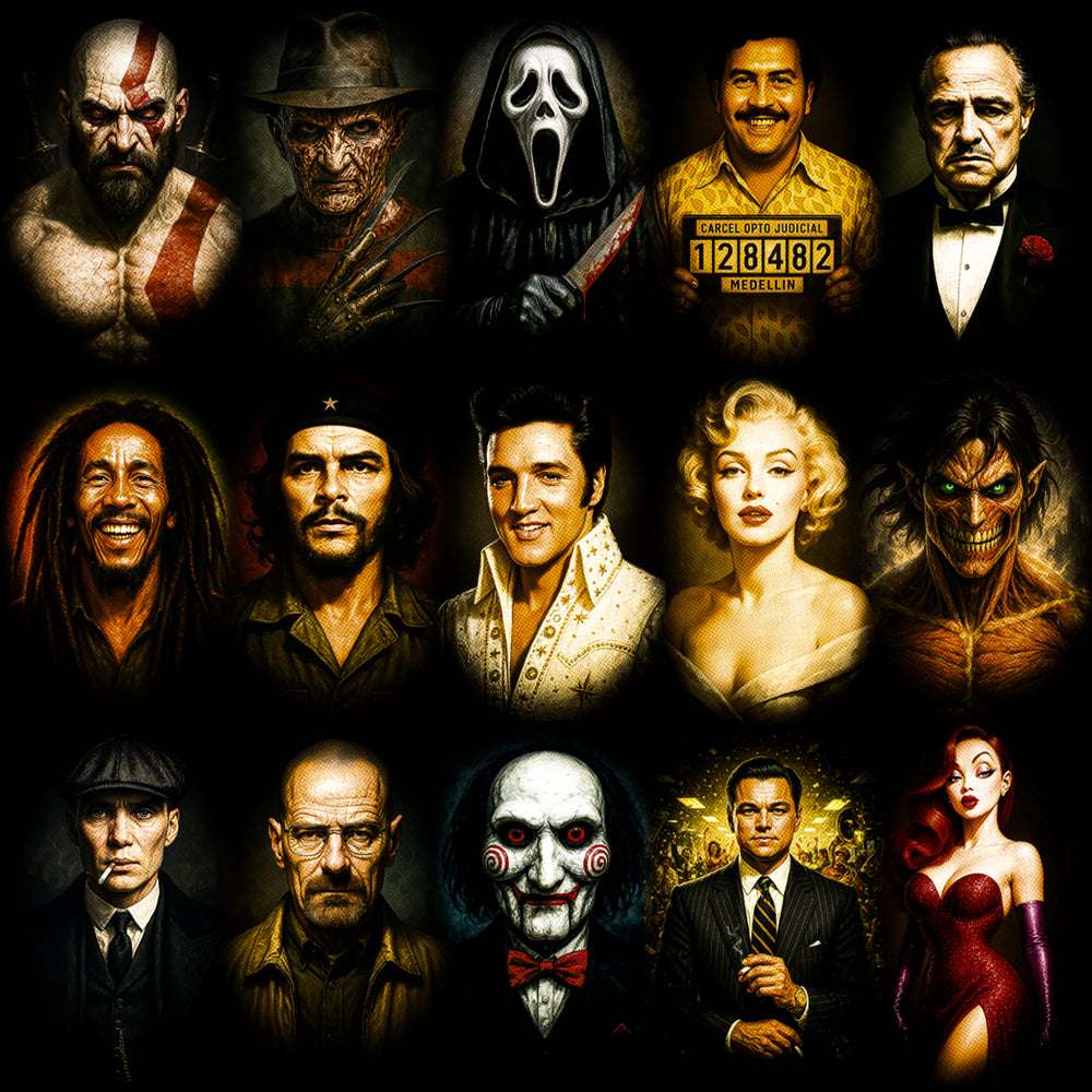 Collection of pop culture character portraits including icons, movie villains, and celebrities.