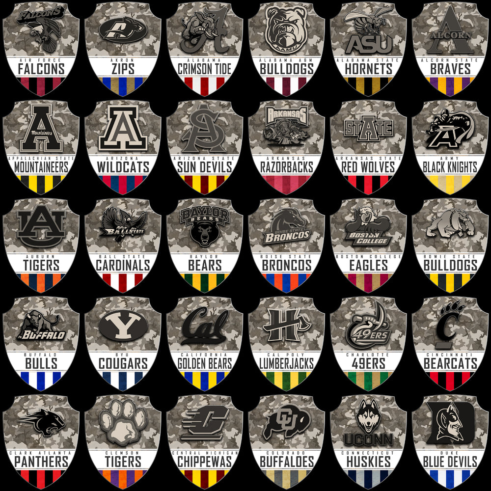 128 College NCAA School Military Camo Shield Logos PNG Designs Bundle