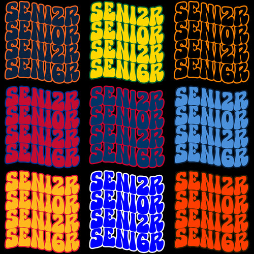 Senior Class 2024 bold colorful graphic designs for t-shirts, DTG, DTF, embroidery, and tumblers