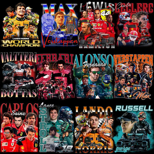 F1 drivers collage with Max Verstappen, Lewis Hamilton, and Lando Norris in race gear and cars