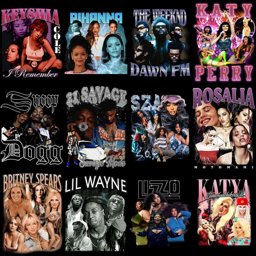 Print-ready celebrity collage designs for DTF/DTG, embroidery, and tumbler wraps featuring popular artists.