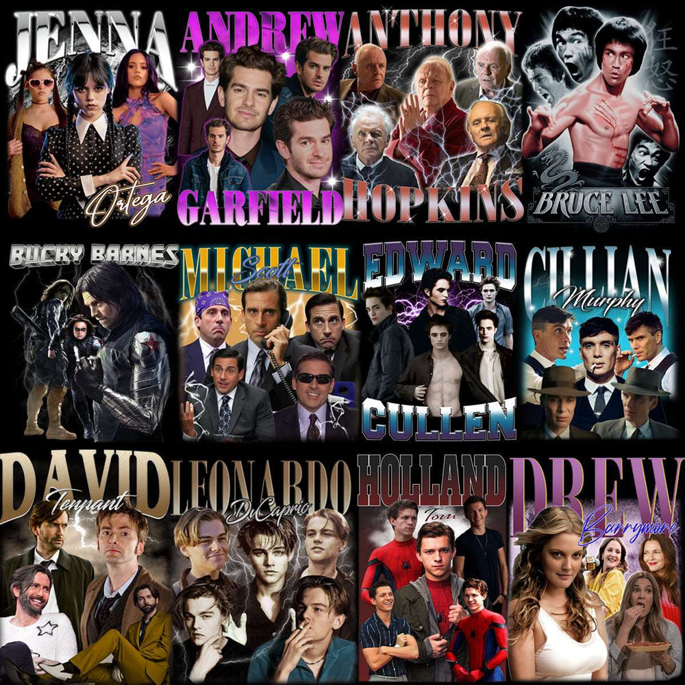 Celebrity collage featuring Jenna Ortega, Andrew Garfield, Bruce Lee, Tom Holland, Leonardo DiCaprio & more for DTF DTG designs
