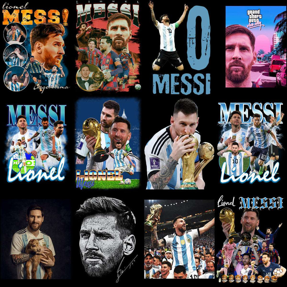 Lionel Messi soccer designs with trophies, Argentina jersey, and fan art for DTF/DTG printing