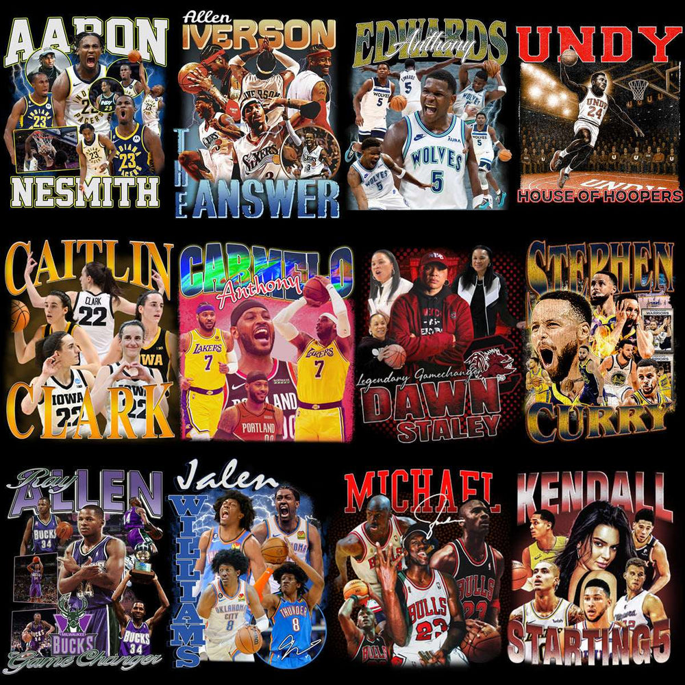Basketball player designs for DTF/DTG, embroidery, and tumbler wraps featuring iconic athletes and teams.