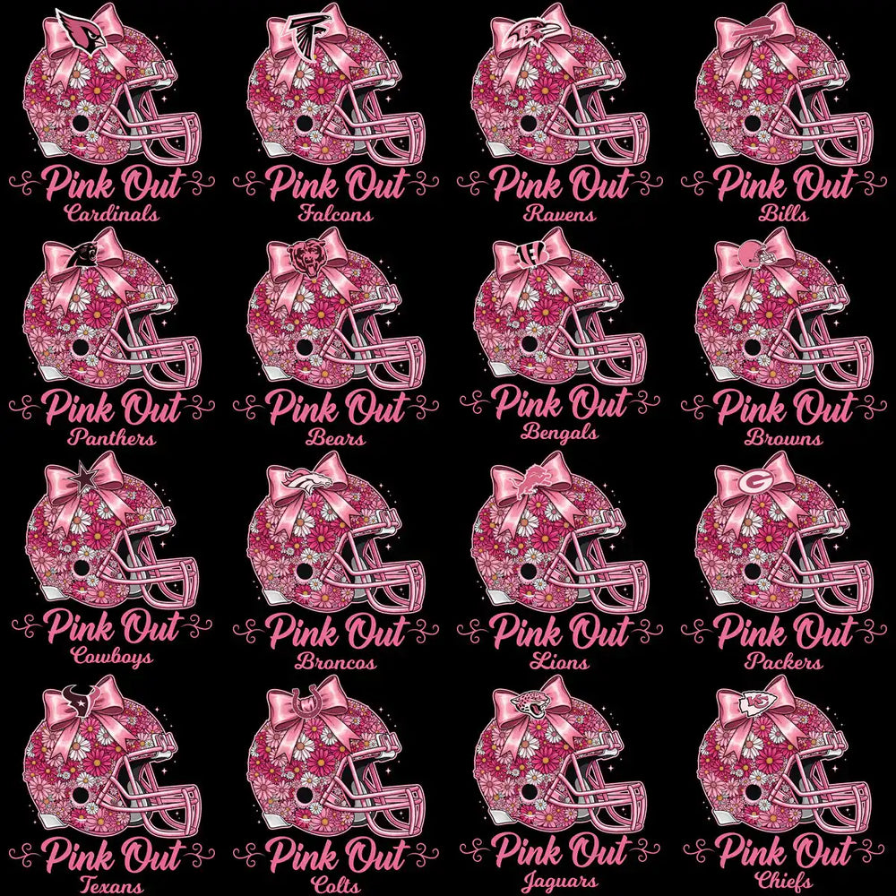 32 Pink Out Floral October Cancer Awareness Football Helmet Teams Designs Bundle PNG