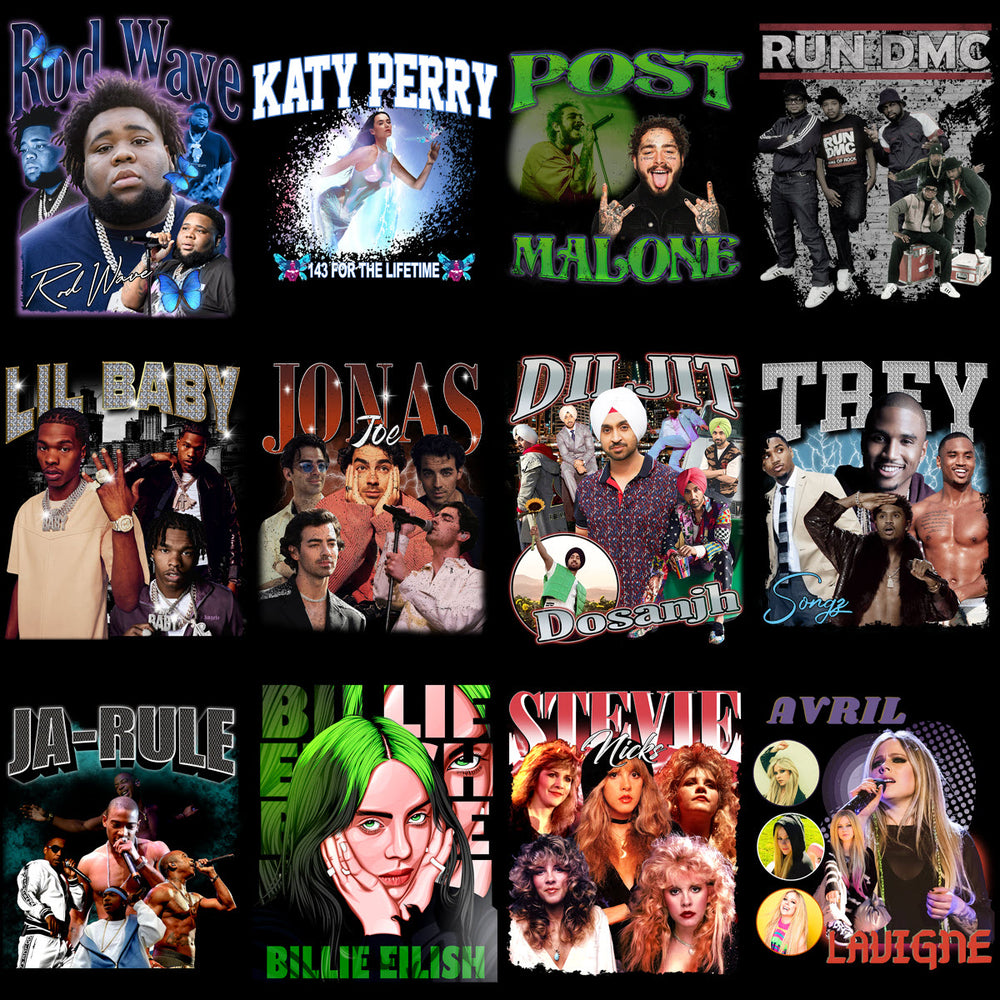 60 Celebrity Music Stars Bootleg Artists Designs Bundle PNG