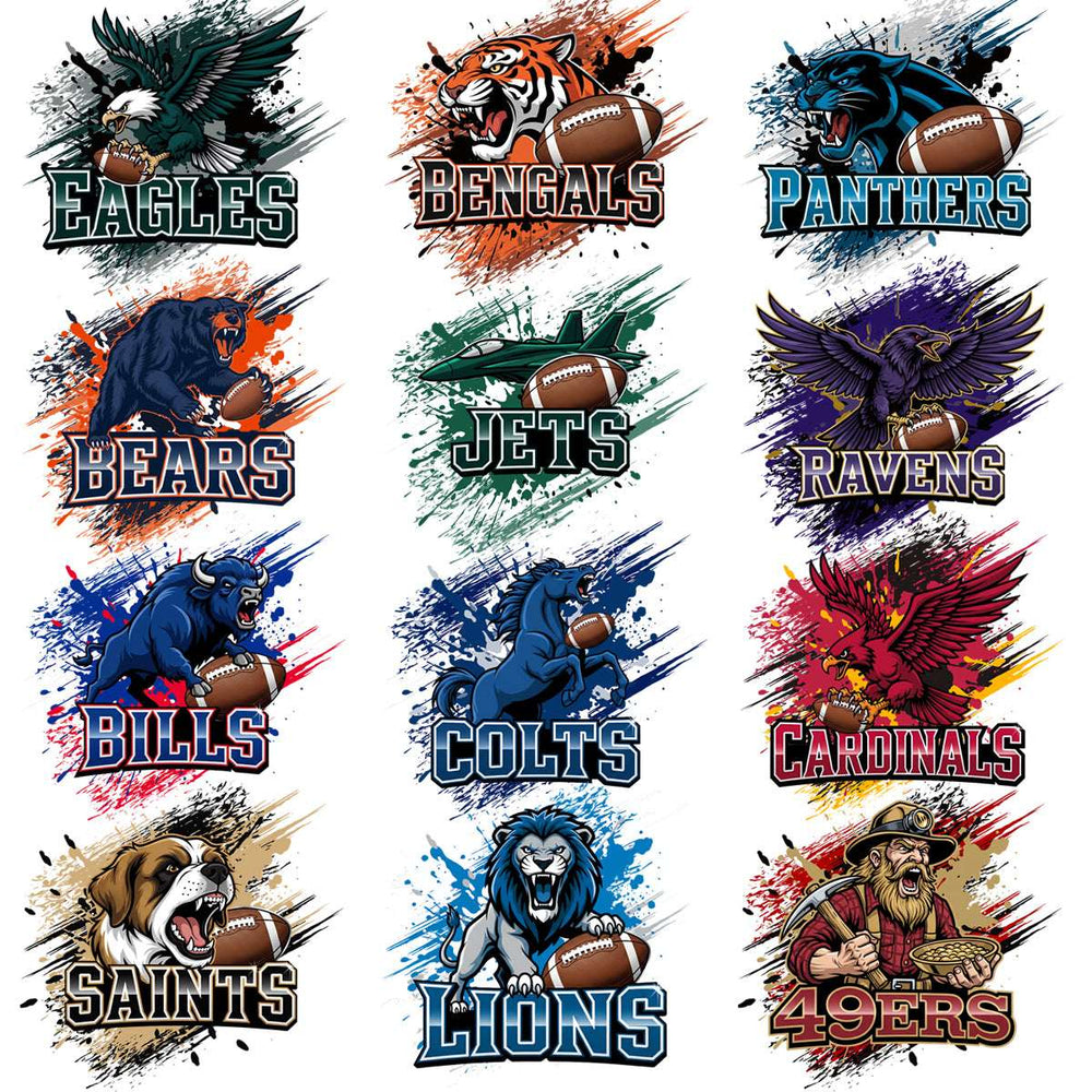 Vibrant NFL team logos with fierce animals and footballs, ideal for DTF/DTG and embroidery designs.