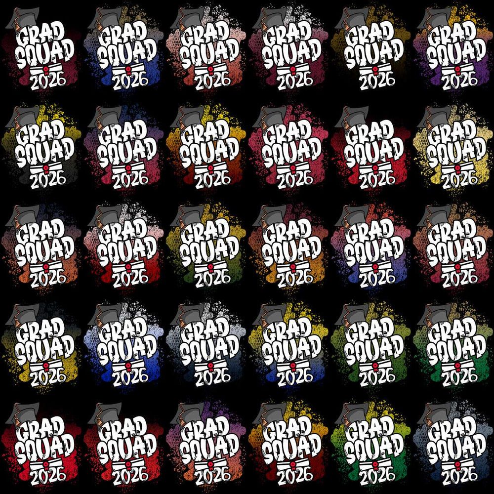 Grad Squad 2026 designs with colorful splashes and graduation caps for print-ready apparel