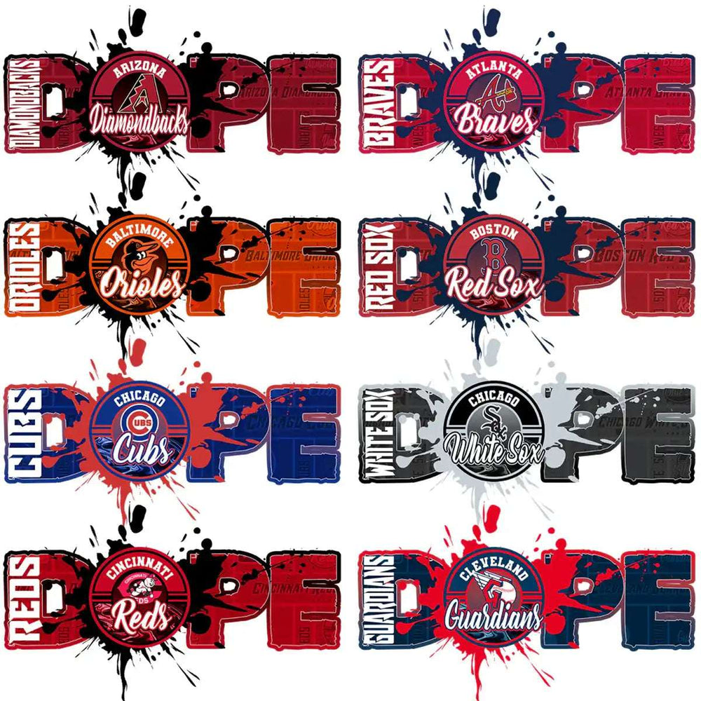 MLB team logos with 'DOPE' text in vibrant, splatter-style designs for DTF/DTG printing