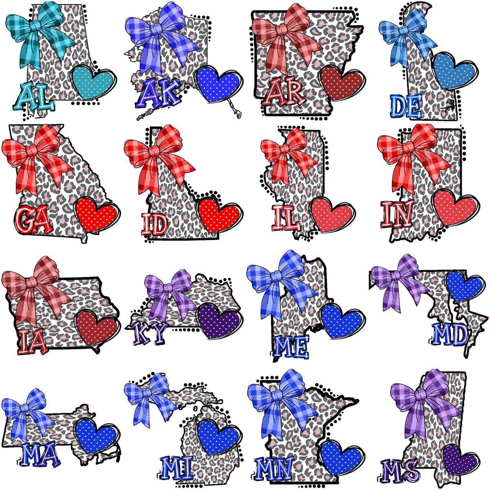 Leopard print state outlines with bows & hearts, print-ready for DTF, DTG, embroidery
